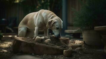 ein Hund begraben ein Knochen im das Hinterhof foto