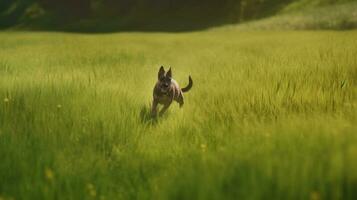 ein Hund jagen nach es ist besitzen Schwanz im ein üppig Grün Feld foto