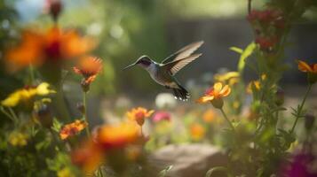 ein Kolibri rasend Flug unter das Blumen foto