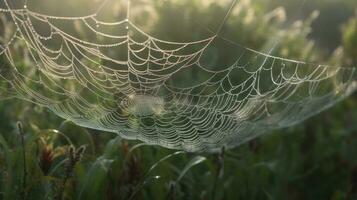 ein fest Spinnennetz glitzernd mit Morgen Tau foto