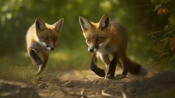 ein spielerisch Verfolgungsjagd zwischen zwei Fuchs Jungen foto