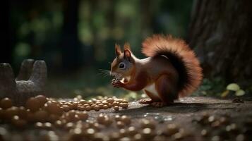 ein Eichhörnchen Versammlung und versteckt Nüsse zum das Winter foto