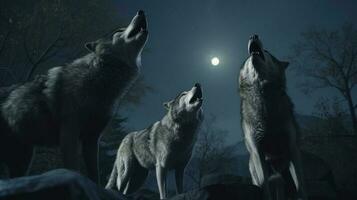 das unheimlich Heulen von Wölfe auf ein voll Mond Nacht foto