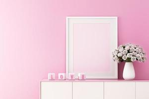 3D-Rendering von Mock-up-Innenarchitektur für Wohnzimmer mit Bilderrahmen auf rosa Wand, Valentinstag Hintergrund