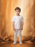 Junge tragen Weiß T-Shirt zum Attrappe, Lehrmodell, Simulation Design ai generativ foto