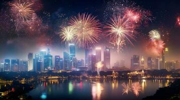 spektakulär Feuerwerk Show Über ein Stadt Horizont auf Unabhängigkeit Tag, ai generiert foto