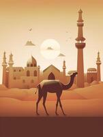 eid al adha Mubarak Gruß mit Kamel und Moschee, eid Mubarak ai generativ foto