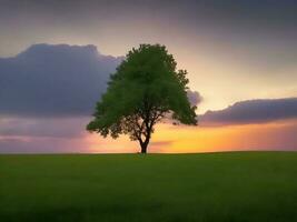 grasig Landschaft mit ein Baum wachsend unter ein bewölkt Himmel generiert durch ai foto