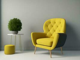 Leben Zimmer Innere Attrappe, Lehrmodell, Simulation mit Gelb Sessel generiert durch ai foto