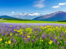 rappt Feld mit hoch Berge Blühen Sommer- Kräuter Frühling generiert durch ai foto