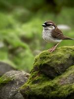 schön Schuss von ein alt Holz Spatz Stehen auf Felsen mit Moos generiert durch ai foto