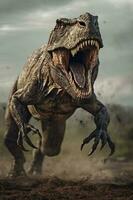 brüllend Tyannosaurus rex Dinosaurier Laufen zu, erstellt mit generativ ai foto