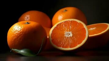 etwas von Orange Obst und etwas Schnitt von Orange Obst auf Studio dunkel Hintergrund. ai generiert foto