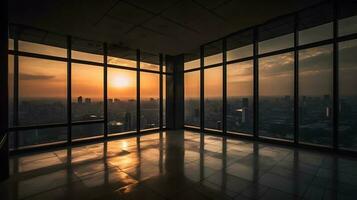 groß leeren öffnen Raum Büro oder Wohnung Dachgeschoss hoch erhebt euch Gebäude mit Glas Fenster umgeben es mit Stadt Aussicht schön Abend Stadt Sonnenuntergang. ai generiert foto