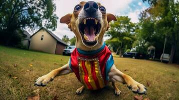 ein Hund gekleidet im ein dumm Kostüm, alle Sprengung in Lachen, KI-generiert foto