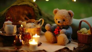 still, Leben mit ein Teddy Bär genießen ein Picknick Tee Party mit Miniatur Teetassen und Gebäck, Erstellen ein herrlich und zauberhaft Szene, während ein magisch Abend, KI-generiert foto