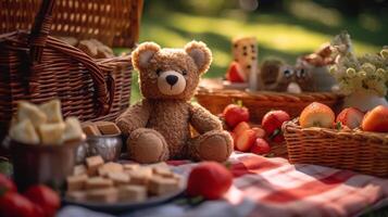 Teddy Bär im ein Korb, ai generiert foto