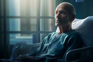 Alten Mann Sitzung im Krankenhaus Bett ai generiert foto
