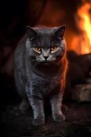 britisch kurz Haar grau Katze mit Scharf Augen und cool im Vorderseite von Feuer Hintergrund ,generativ ai foto