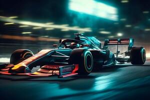 Foto Schwenken Formel einer Autos Überholen jeder andere auf das Asphalt Spur mit Neon- ,generativ ai