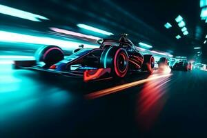 Foto Schwenken Formel einer Autos Überholen jeder andere auf das Asphalt Spur mit Neon- ,generativ ai