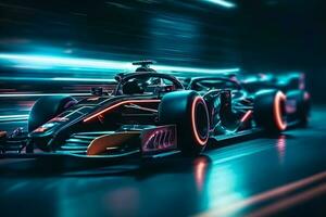 Foto Schwenken futuristisch Autos Überholen jeder andere auf das Asphalt Spur mit Neon- ,generativ ai