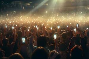 ein Menge von Menschen beim ein Leben Fall, Konzert oder Party halten Hände und Smartphones oben ,generativ ai foto