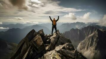Bergsteiger feiern Erfolg auf oben von Berg ,generativ ai foto