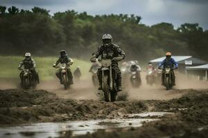 Moto-Cross Rennen im schlammig Schmutz Arena ,generativ ai foto