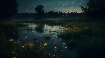 Glühwürmchen im ein Wiese durch das See beim Nacht ,generativ ai foto