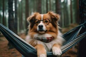 süß Hund ist Sitzung auf ein Hängematte im ein Kiefer Wald ,generativ ai foto