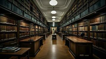 alt Bibliothek Innere mit Bücher auf Regale ,generativ ai foto