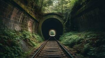 Eisenbahn Tunnel, Vorderseite Aussicht generativ ai foto