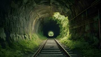 Eisenbahn Tunnel, Vorderseite Aussicht generativ ai foto