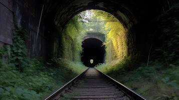 Eisenbahn Tunnel, Vorderseite Aussicht generativ ai foto