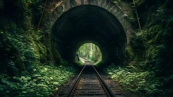 Eisenbahn Tunnel, Vorderseite Aussicht generativ ai foto