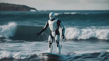 Humanoid Roboter ist Surfen im das Meer ,generativ ai foto