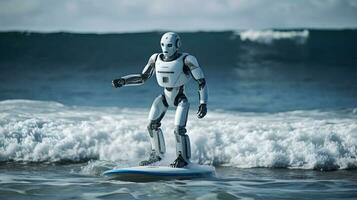 Humanoid Roboter ist Surfen im das Meer ,generativ ai foto