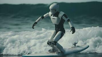 Humanoid Roboter ist Surfen im das Meer ,generativ ai foto