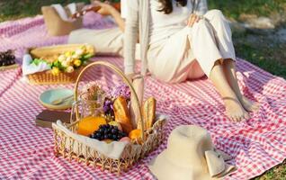 Picknick Mittagessen Mahlzeit draußen Park mit Essen Picknick Korb. genießen Picknick Zeit im Park Natur draussen foto