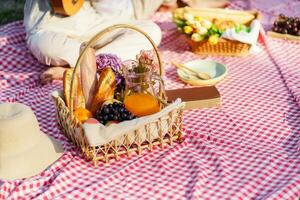 Picknick Mittagessen Mahlzeit draußen Park mit Essen Picknick Korb. genießen Picknick Zeit im Park Natur draussen foto