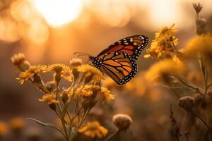 ai generiert elegant Monarch Schmetterling thront auf ein Blume im ein heiter Garten mit ein dunstig Sonnenaufgang im das Hintergrund foto