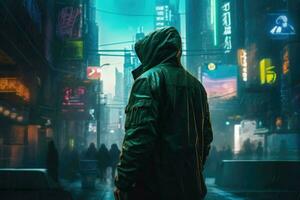 ai generiert futuristisch Stadtbild beim Nacht, mit ein Neon- Grün und Blau Farbe planen und ein Person tragen ein Cyberpunk Jacke. foto
