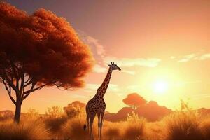 ai generiert 3d Karikatur anmutig Giraffe friedlich Weiden lassen auf das Savanne unter ein golden Sonnenaufgang. foto