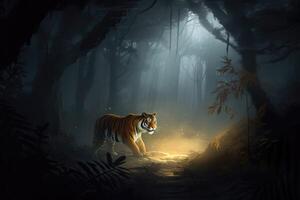 ai generiert 3d Karikatur heftig Tiger herumstreifen durch ein neblig Urwald beim Nacht mit Mondlicht leuchtenden durch das Bäume. foto