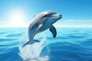 ai generiert 3d Karikatur spielerisch Delfin springen aus von Kristall klar Türkis Wasser mit ein hell Blau Himmel im das Hintergrund. foto