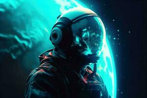 ai generiert Planet mit Astronaut Neon- Ton. foto