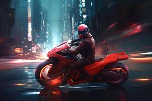 ai generiert schnelle Geschwindigkeit Verfolgungsjagd durch ein futuristisch Stadt, mit ein rot und schwarz Farbe planen und ein Person tragen ein Motorrad Helm. foto