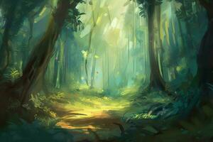 ai generiert Impressionist Gemälde von ein Fee Geschichte Wald, mit gesprenkelt Sonnenlicht Streaming durch das Bäume und ein Gefühl von Magie im das Luft. foto