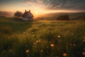 ai generiert impressionistisch Landschaft beim Sonnenaufgang, mit rollen Hügel gepunktet mit Wildblumen und ein einsam Hütte eingebettet im das Distanz. foto